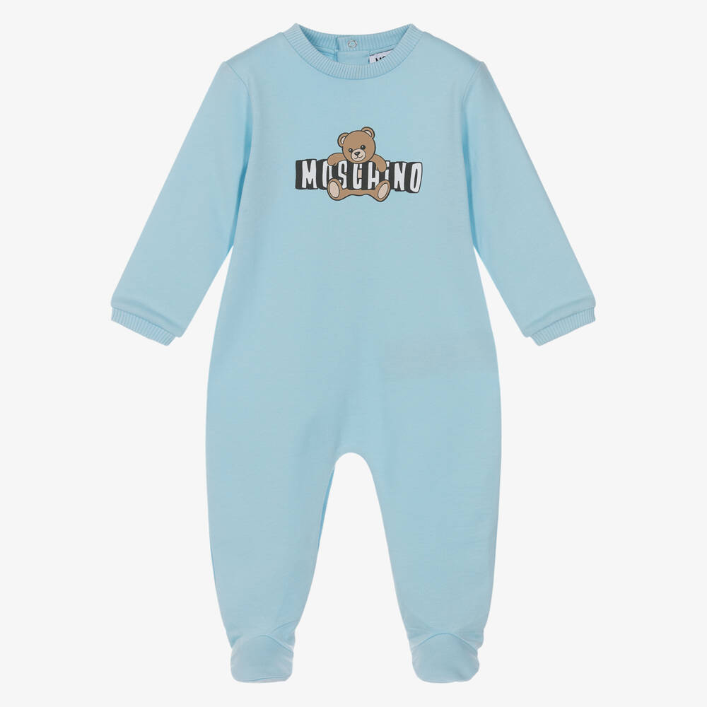 Moschino-Blue Cotton Babygrow with Teddy Bear Logo | Childrensalon
