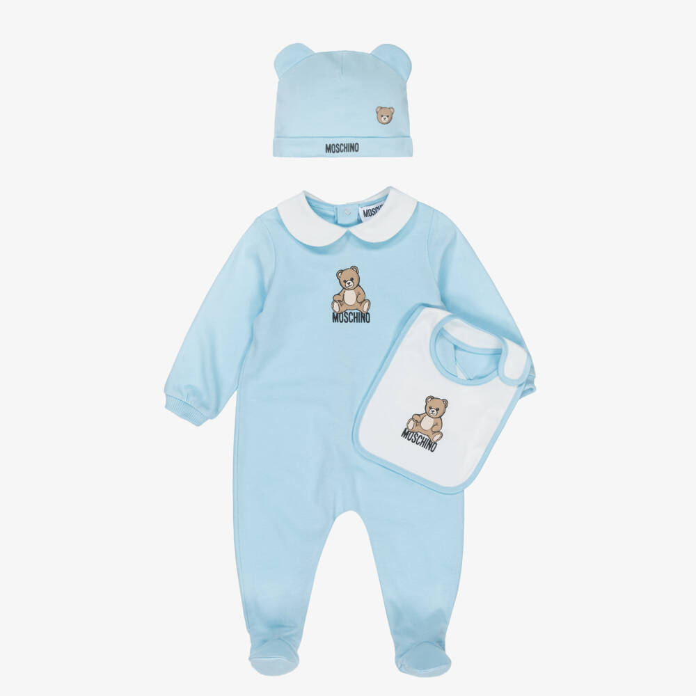 Moschino-Blue Cotton Jersey Teddy Bear Logo Babysuit Set | Childrensalon