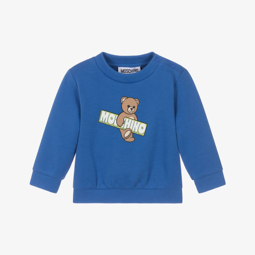 Moschino-Blue Cotton Piqué Teddy Bear Logo Sweatshirt | Childrensalon