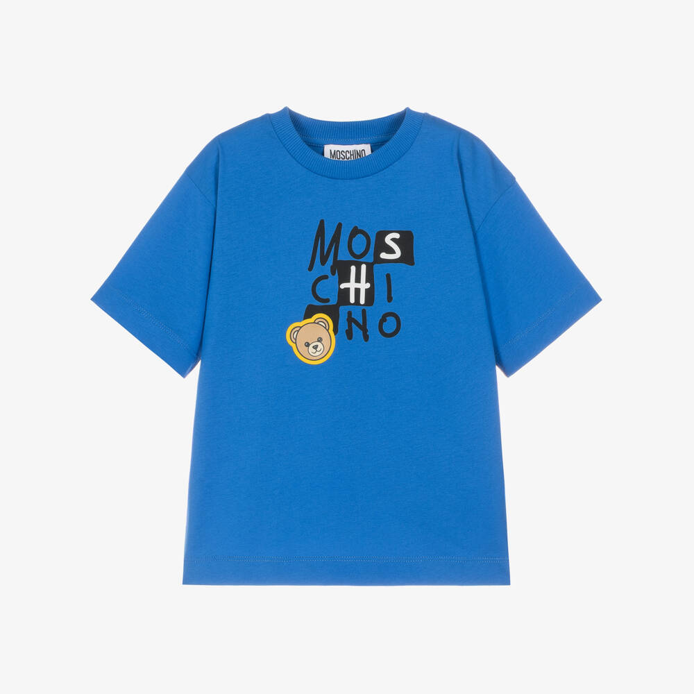 Moschino-Blue Cotton T-Shirt with Logo Letters | Childrensalon