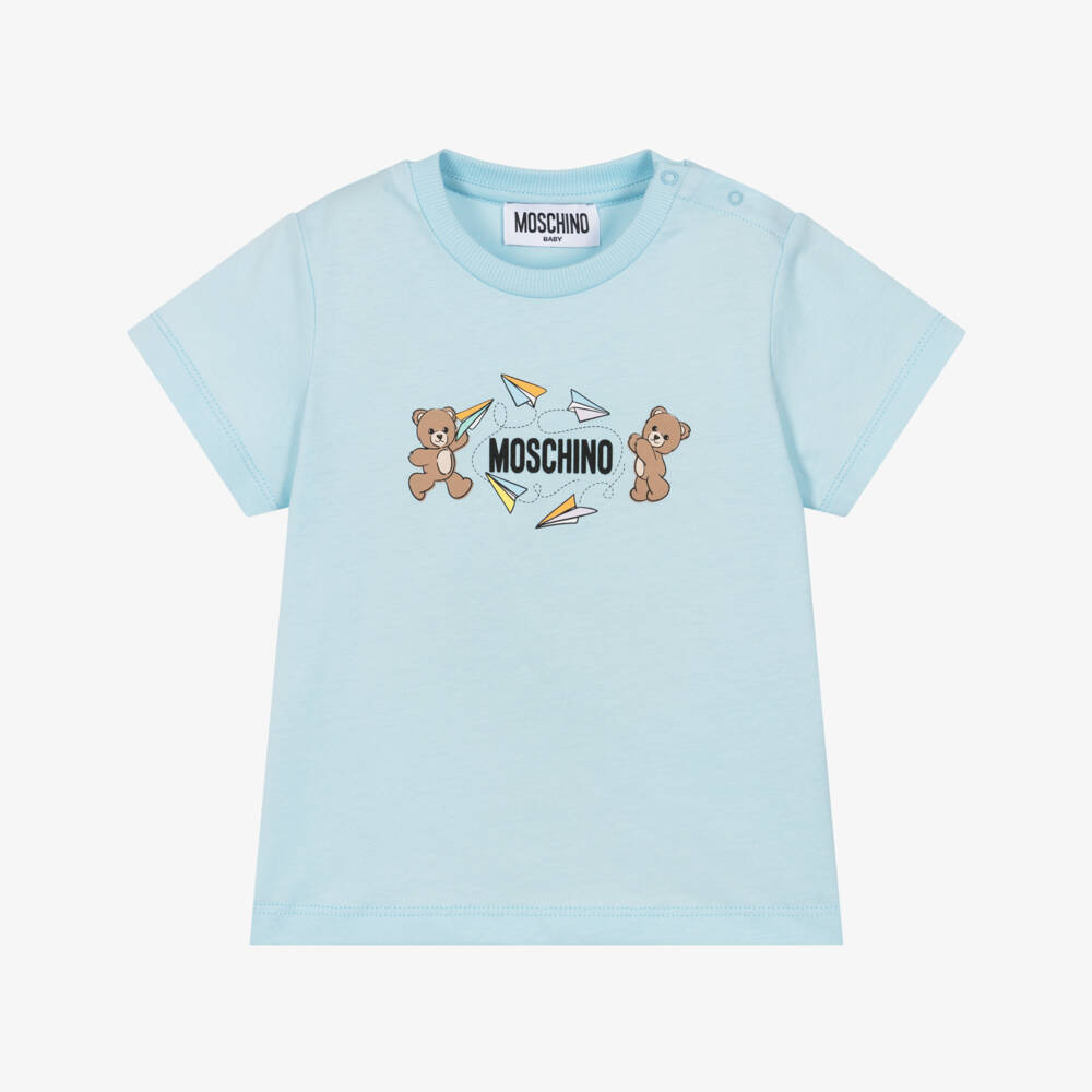 Moschino-Blue Cotton T-Shirt with Teddy Bears & Paper Planes | Childrensalon