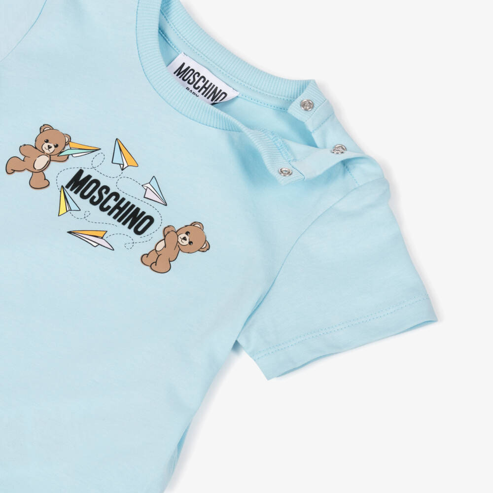 Moschino-Blue Cotton T-Shirt with Teddy Bears & Paper Planes | Childrensalon