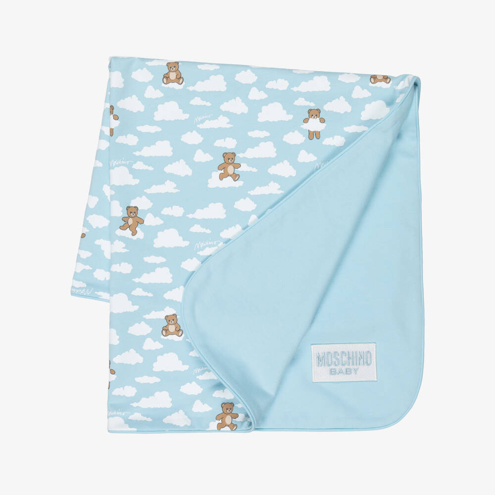 Moschino-Blue Cotton Teddy Bear & Cloud Print Blanket (70cm) | Childrensalon
