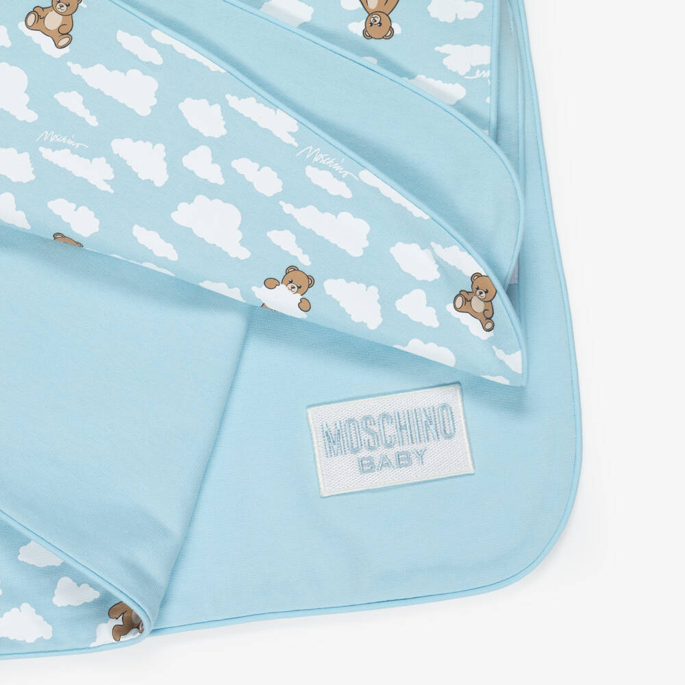 Moschino-Blue Cotton Teddy Bear & Cloud Print Blanket (70cm) | Childrensalon