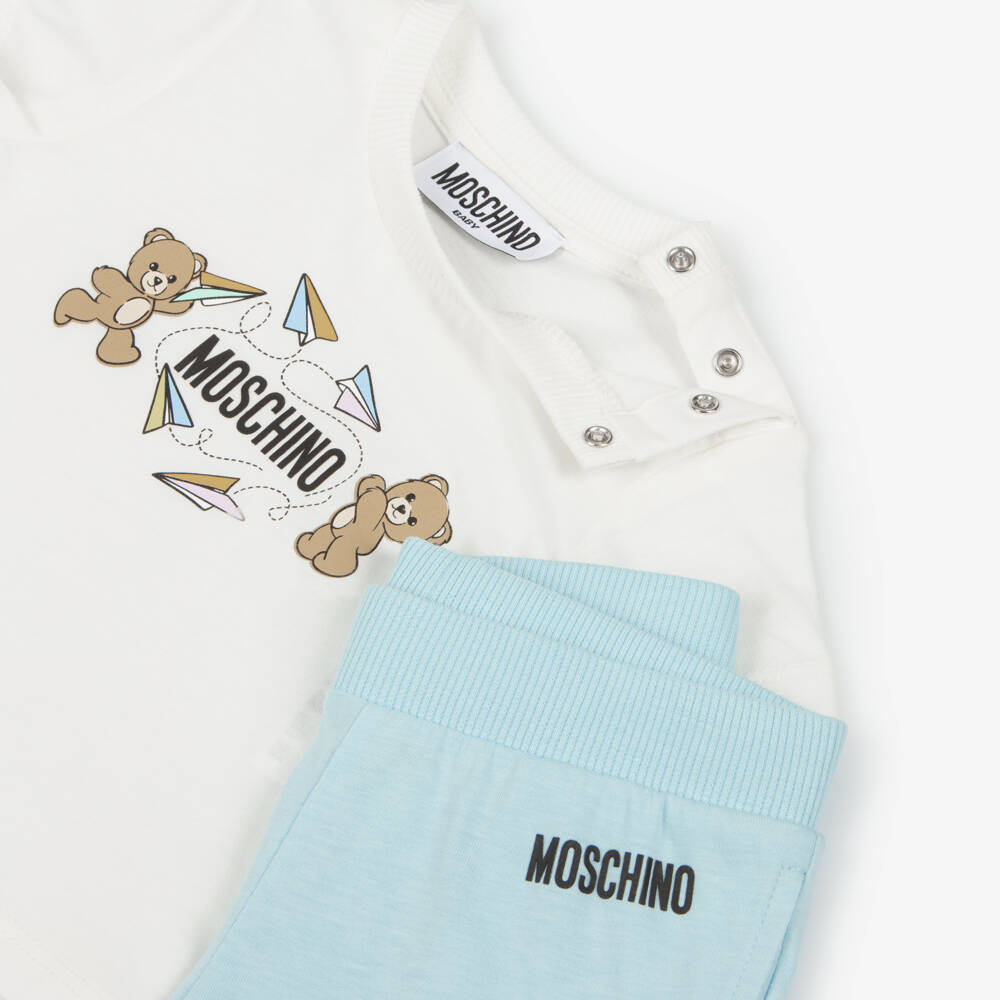 Moschino-Blue Cotton Teddy Bear Logo Shorts Set with Paper Airplanes | Childrensalon