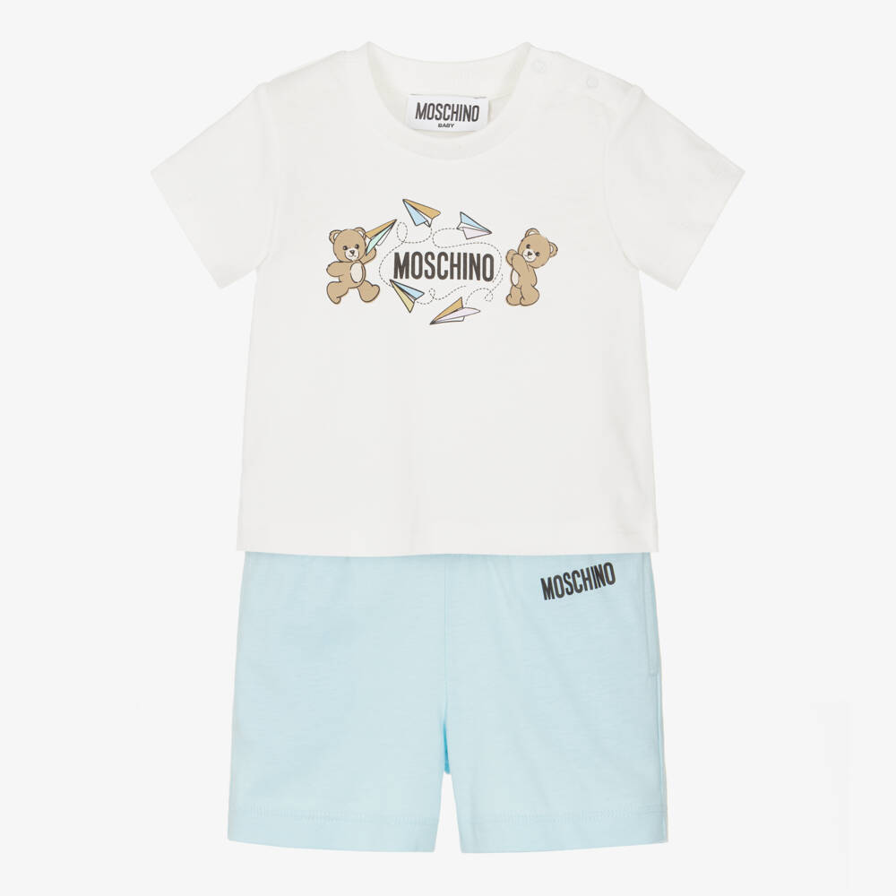 Moschino-Blue Cotton Teddy Bear Logo Shorts Set with Paper Airplanes | Childrensalon