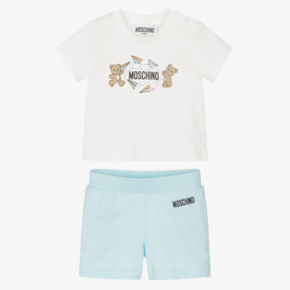 Moschino-Blue Cotton Teddy Bear Logo Shorts Set with Paper Airplanes | Childrensalon
