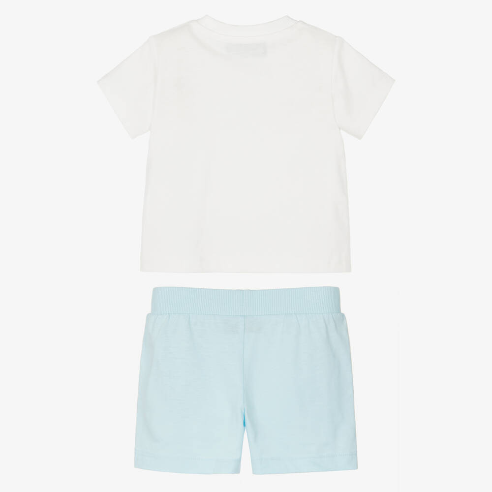Moschino-Blue Cotton Teddy Bear Logo Shorts Set with Paper Airplanes | Childrensalon