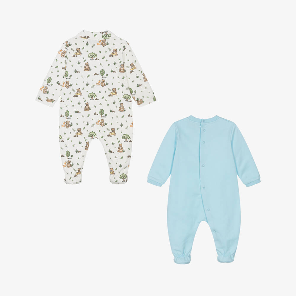 Moschino-Комбинезоны голубой и кремовый из хлопка с мишками Тедди для малышей (2шт) | Childrensalon