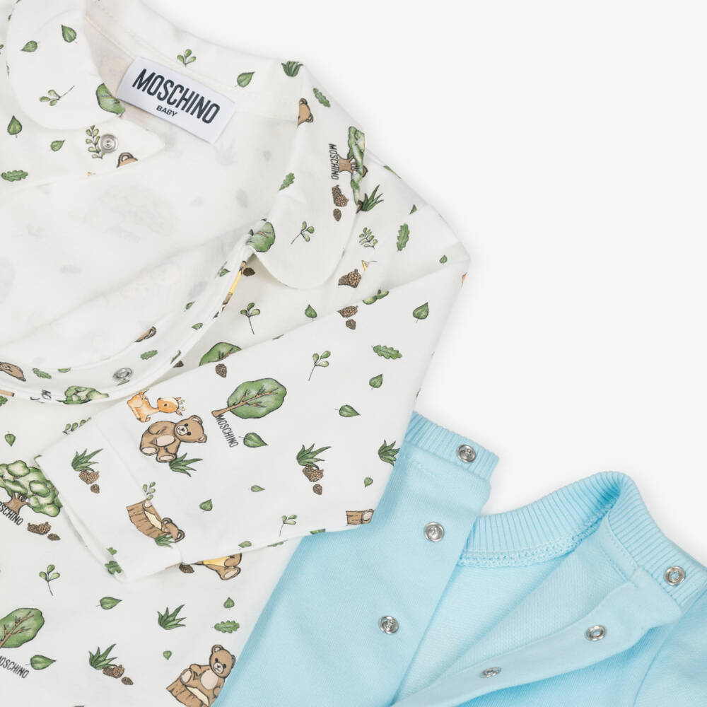 Moschino-Комбинезоны голубой и кремовый из хлопка с мишками Тедди для малышей (2шт) | Childrensalon