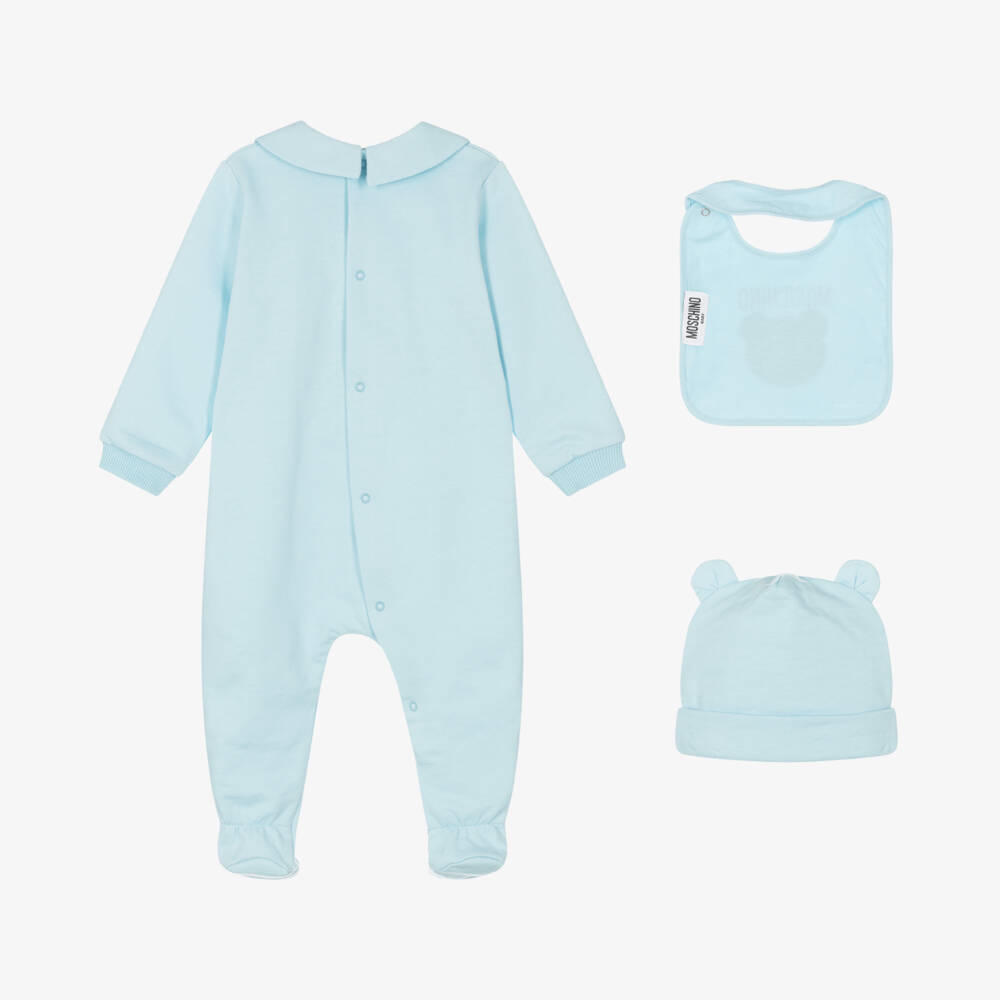 Moschino Baby-Blue Teddy Bear Cotton Babysuit Set | Childrensalon
