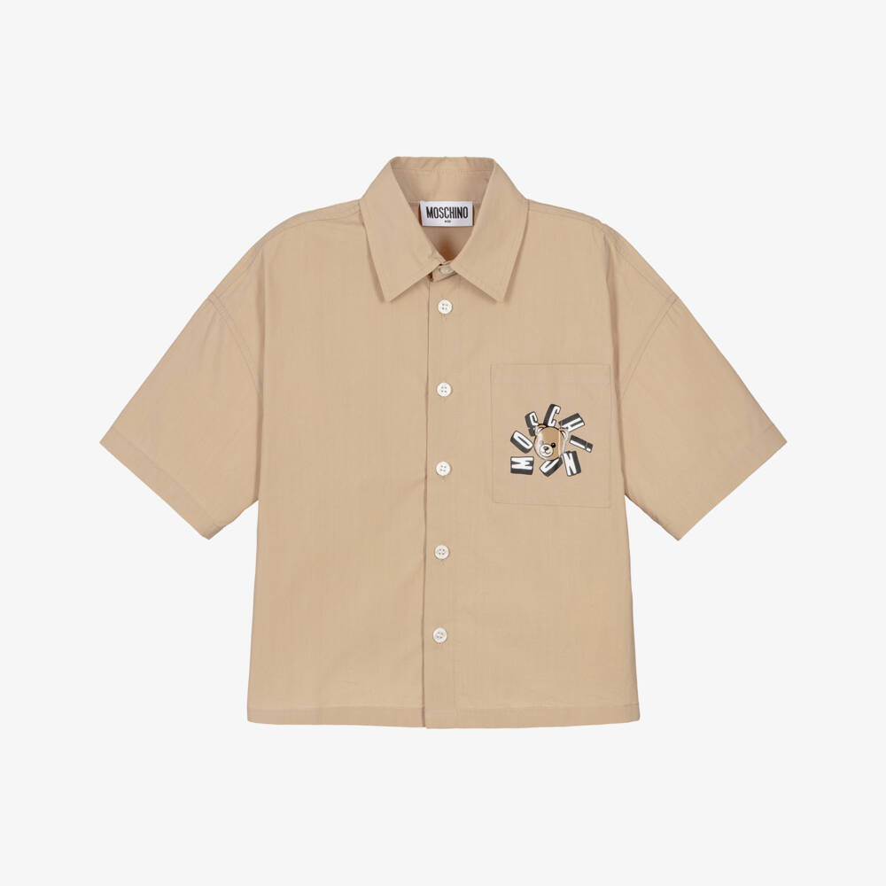Moschino-Boys Beige Cotton Poplin Shirt with Teddy Bear Logo | Childrensalon