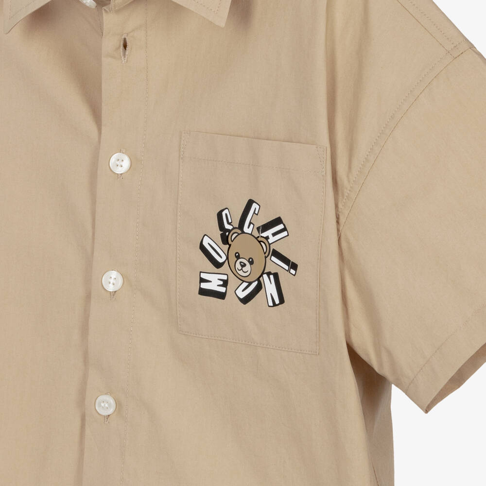 Moschino-Boys Beige Cotton Poplin Shirt with Teddy Bear Logo | Childrensalon
