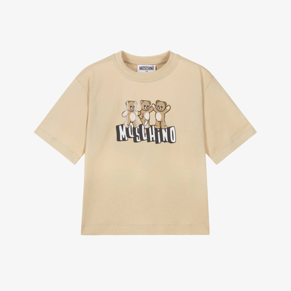 Moschino-Boys Beige Cotton Teddy Bear T-Shirt | Childrensalon