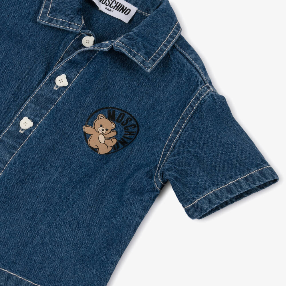 Moschino-Boys Blue Cotton Chambray Teddy Bear Logo Shirt | Childrensalon