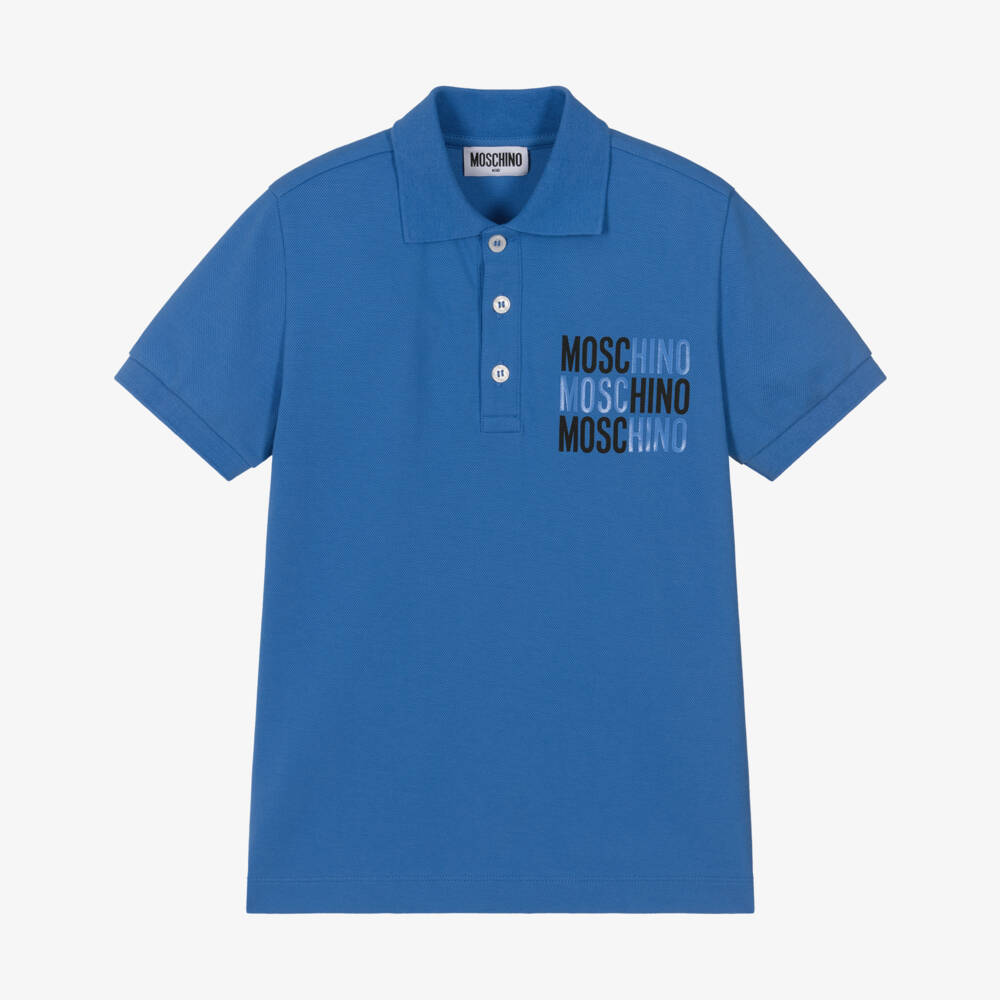 Moschino-Boys Blue Cotton Piqué Polo Shirt with Rubberised Logos | Childrensalon