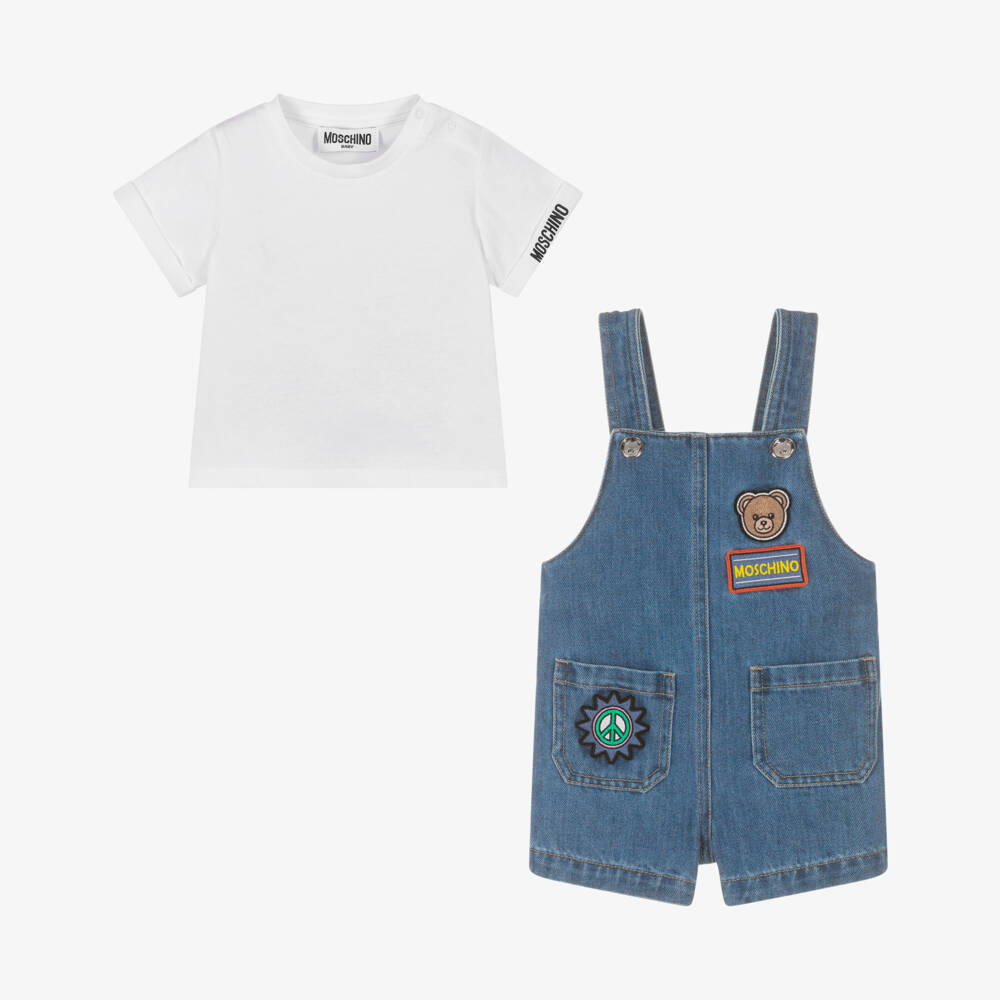 Moschino-Boys Blue Denim Dungaree Set with Patches | Childrensalon