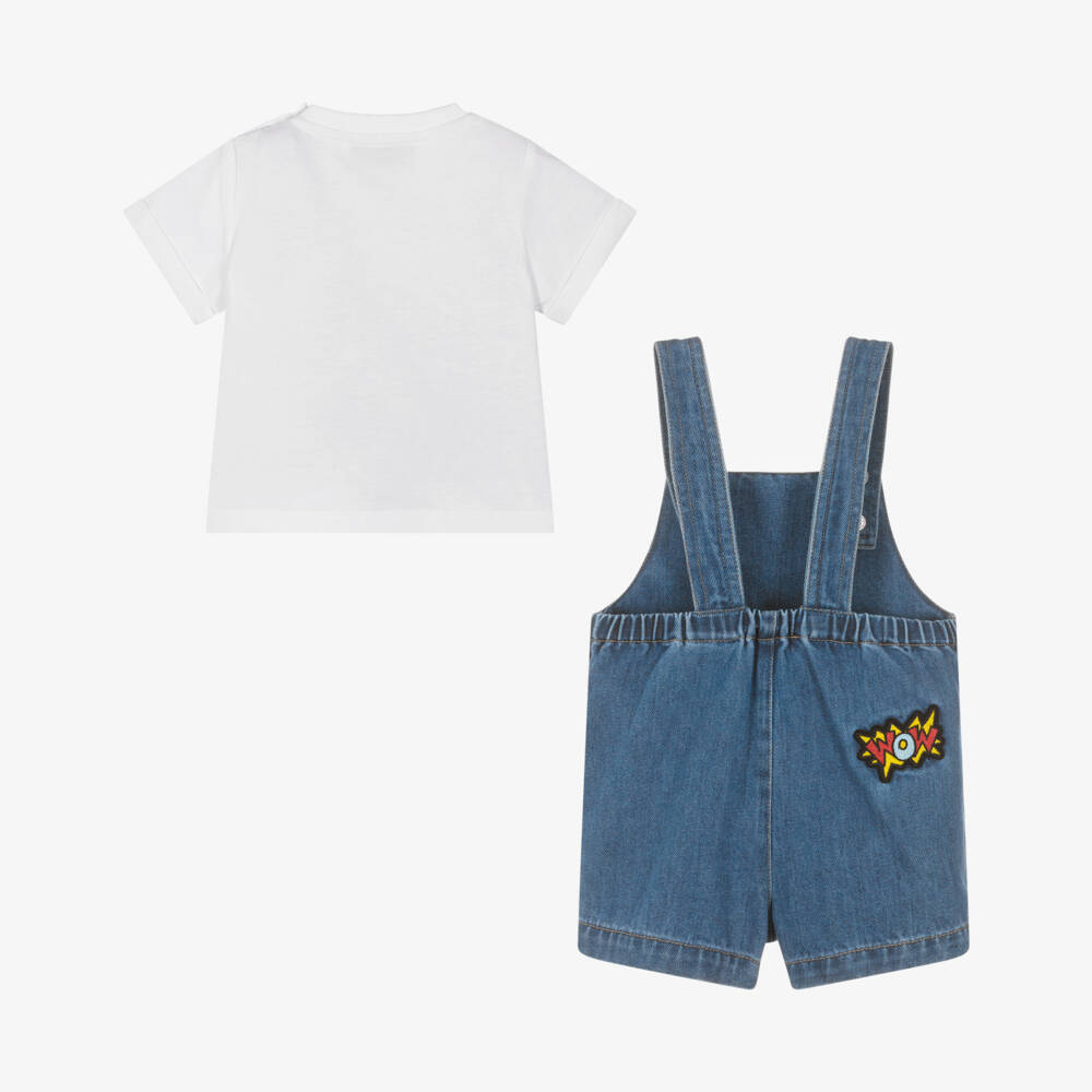 Moschino-Boys Blue Denim Dungaree Set with Patches | Childrensalon