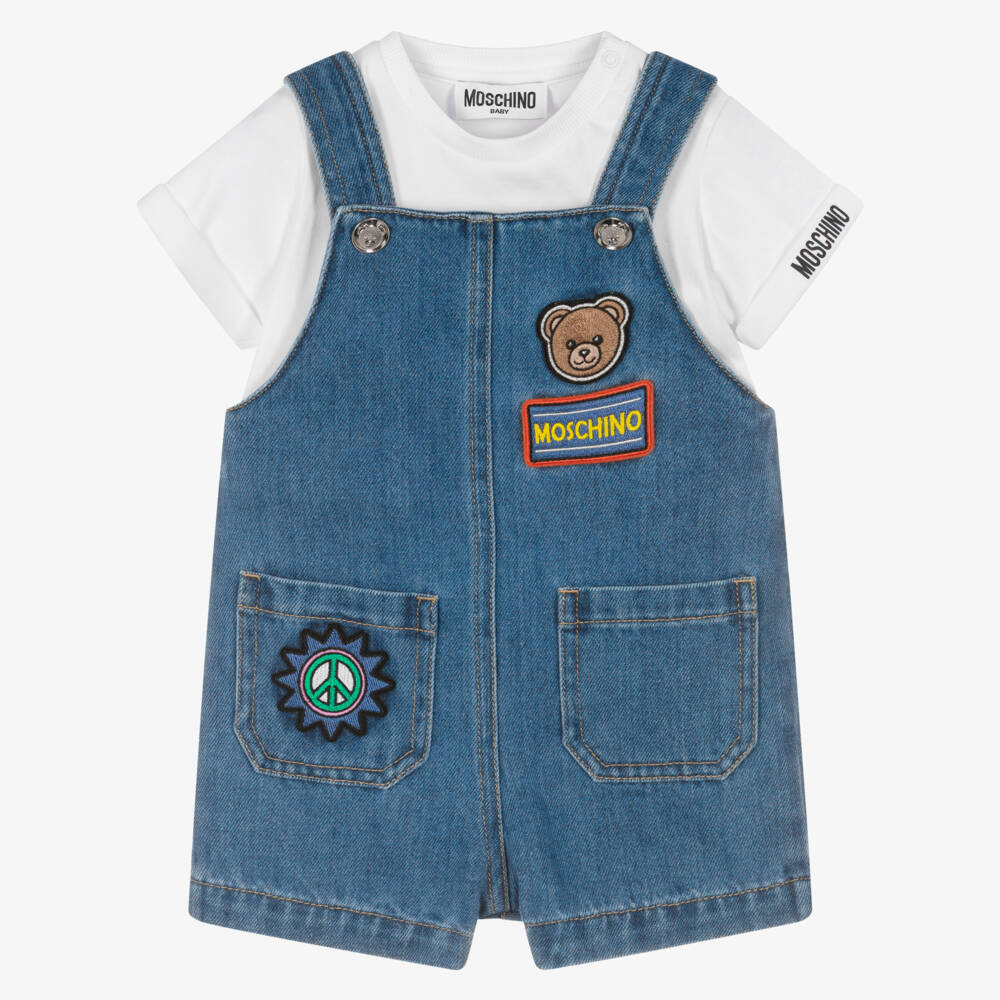 Moschino-Boys Blue Denim Dungaree Set with Patches | Childrensalon