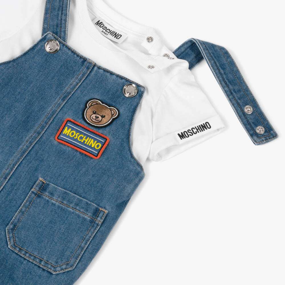 Moschino-Boys Blue Denim Dungaree Set with Patches | Childrensalon