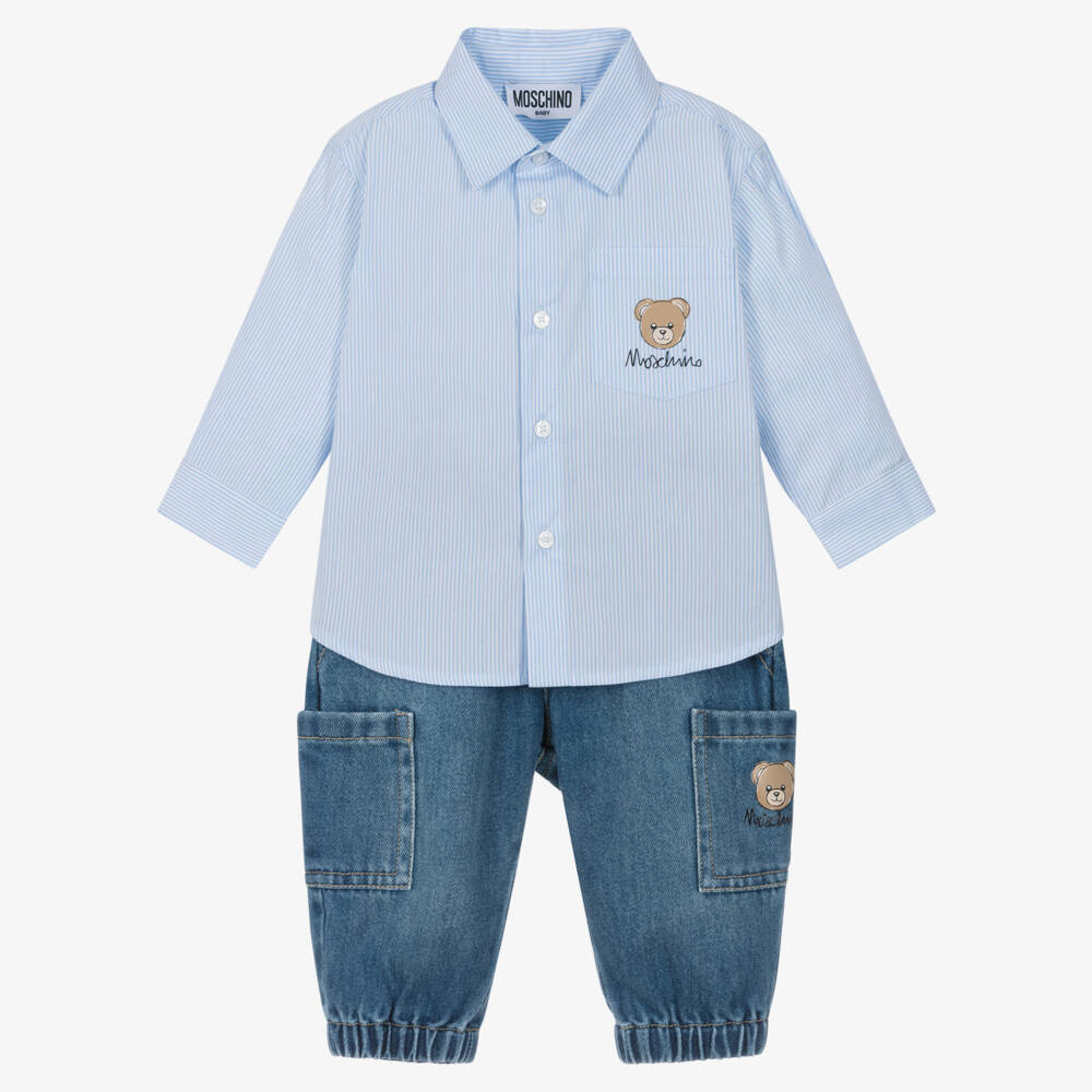 Moschino-Boys Blue Striped Shirt & Denim Trouser Set | Childrensalon