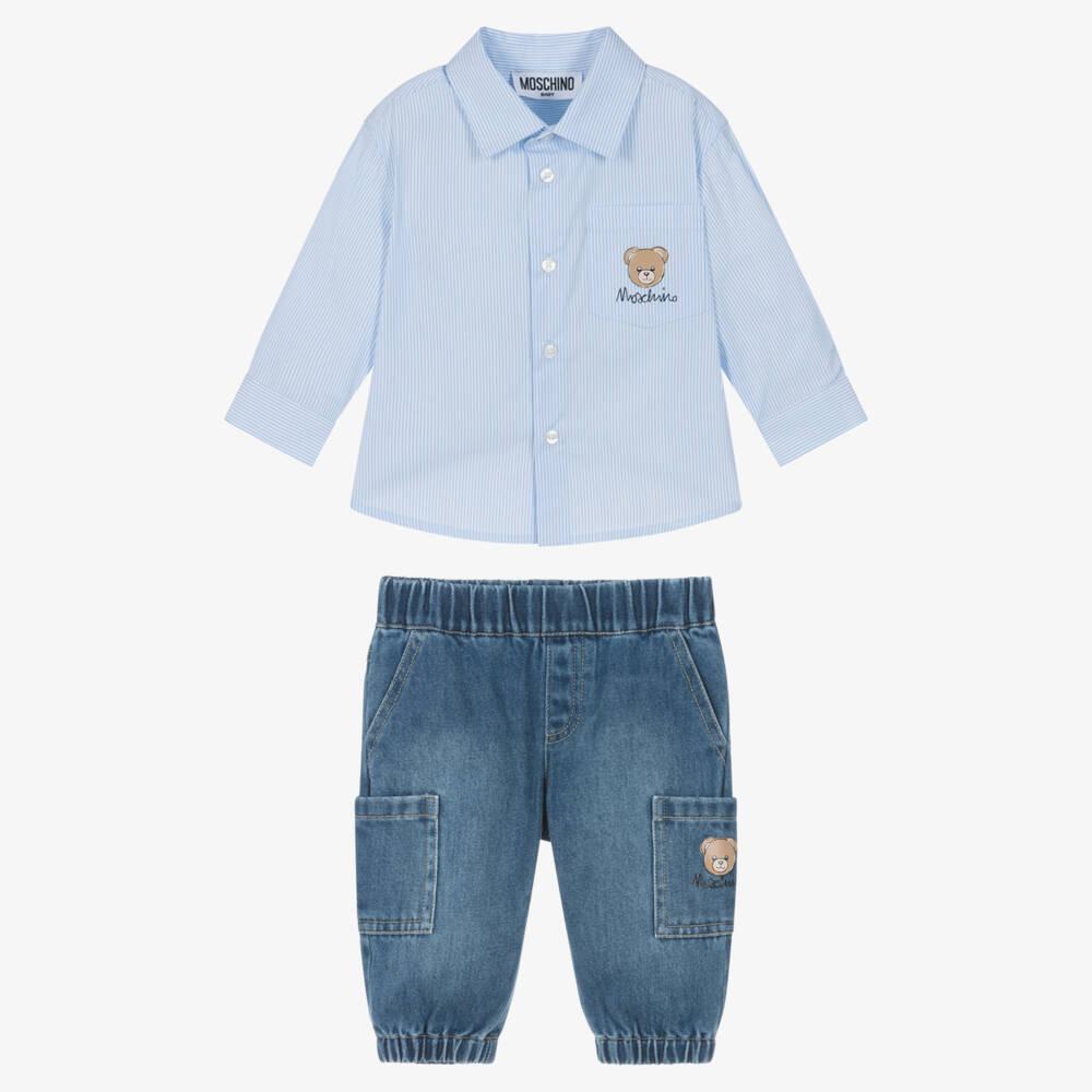 Moschino-Boys Blue Striped Shirt & Denim Trouser Set | Childrensalon