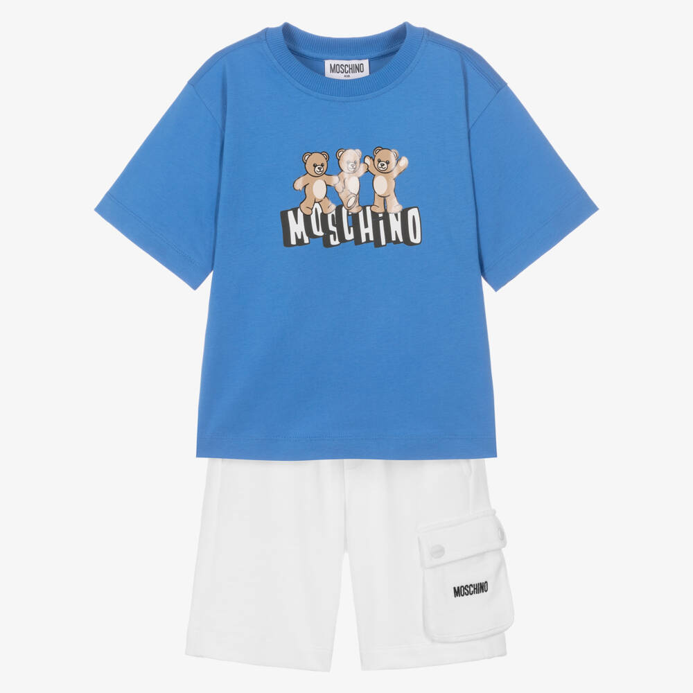 Moschino-Boys Bright Blue & White Cotton Maxi Shorts Set | Childrensalon