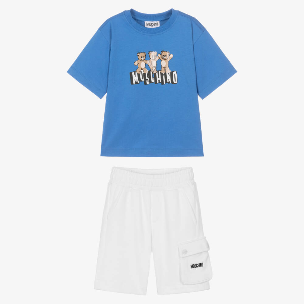 Moschino-Boys Bright Blue & White Cotton Maxi Shorts Set | Childrensalon