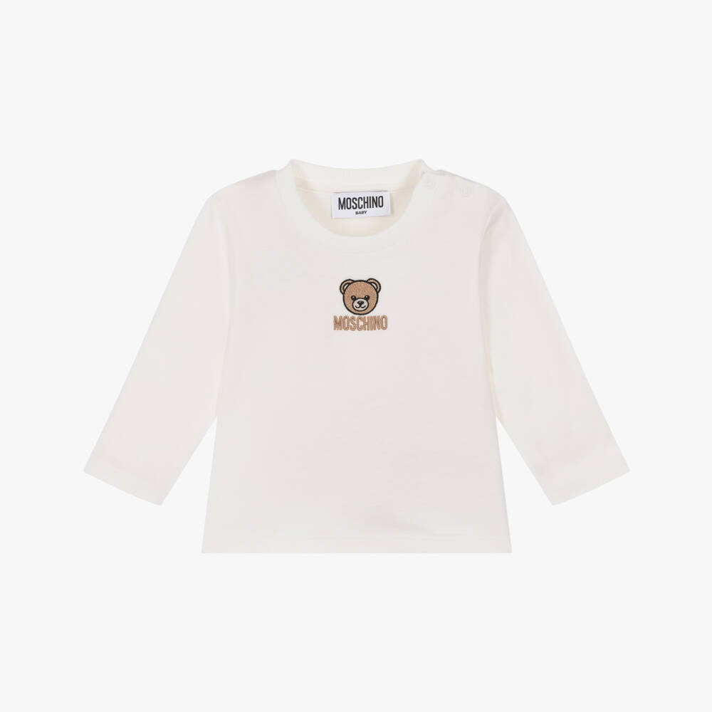 Moschino-Boys Ivory Cotton Long-Sleeved Top with Teddy Bear Motif | Childrensalon