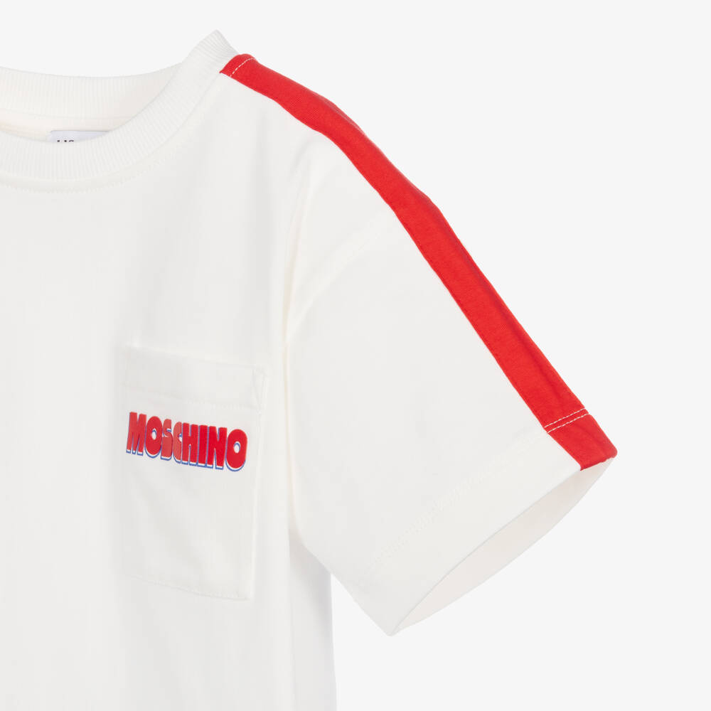 Moschino-Boys Ivory Cotton Shorts Set with Red Tape Trim | Childrensalon