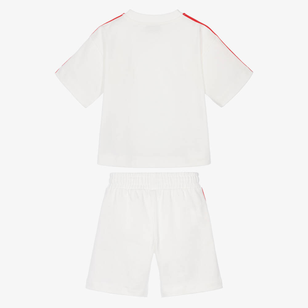 Moschino-Boys Ivory Cotton Shorts Set with Red Tape Trim | Childrensalon