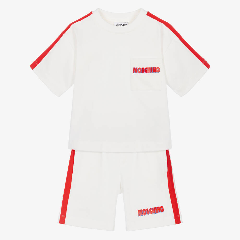 Moschino-Boys Ivory Cotton Shorts Set with Red Tape Trim | Childrensalon