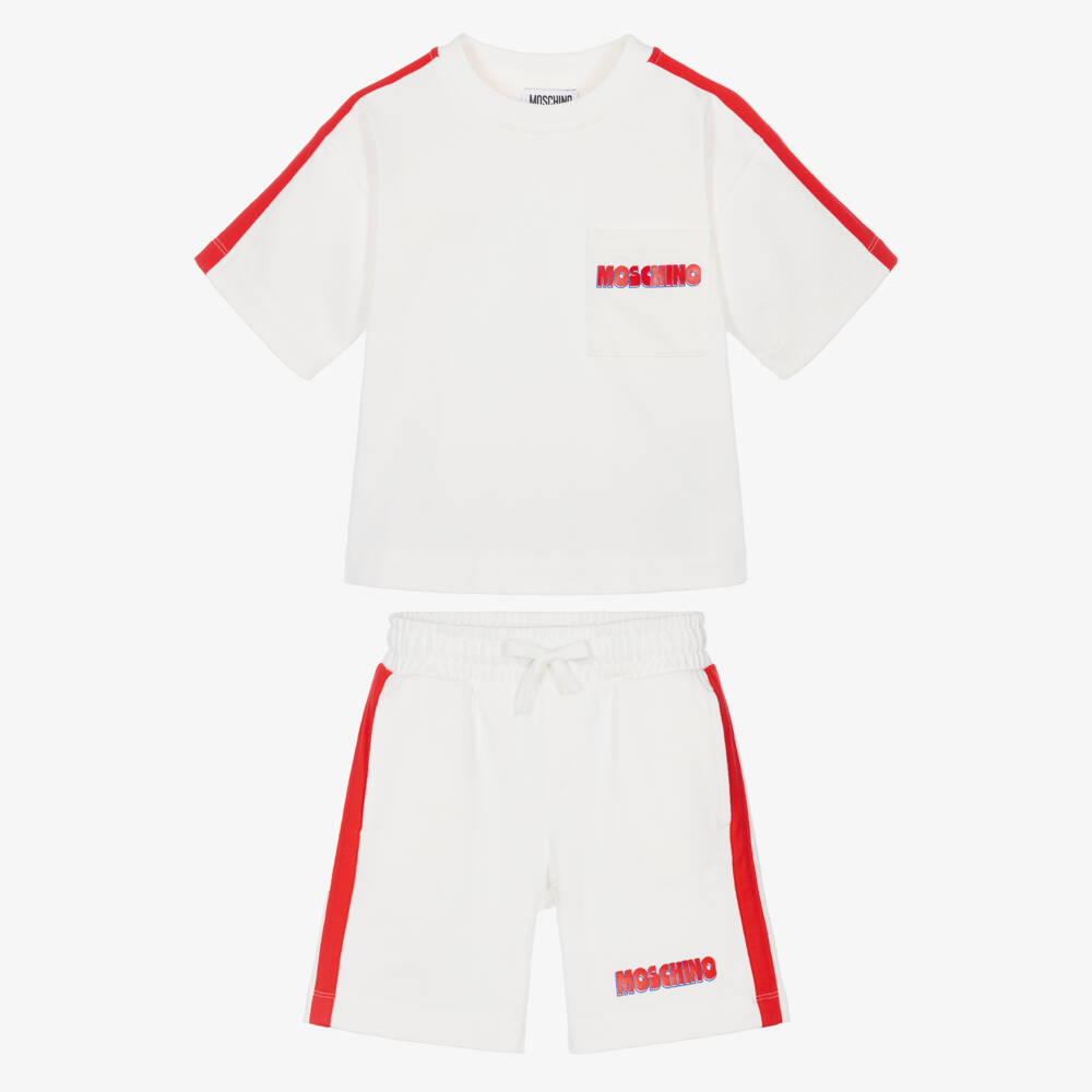 Moschino-Boys Ivory Cotton Shorts Set with Red Tape Trim | Childrensalon