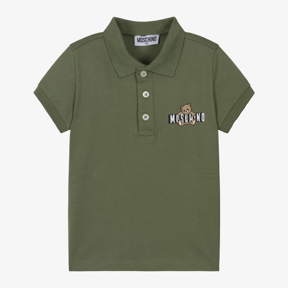 Moschino-Boys Khaki Green Cotton Piqué Teddy Bear Polo Shirt | Childrensalon