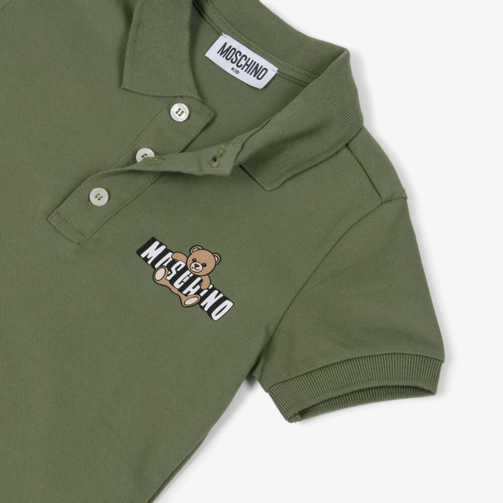 Moschino-Boys Khaki Green Cotton Piqué Teddy Bear Polo Shirt | Childrensalon
