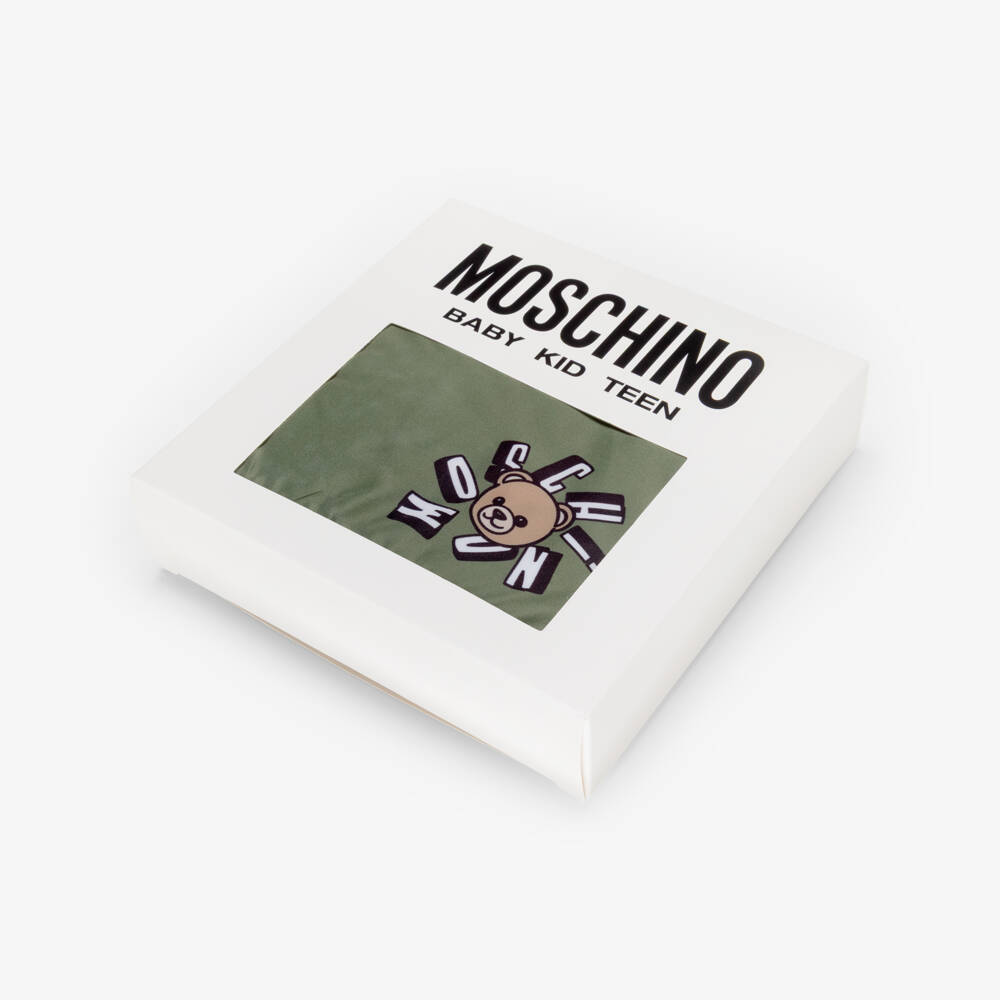 Moschino-Boys Khaki Green Swim Shorts with Teddy Bear Logo | Childrensalon