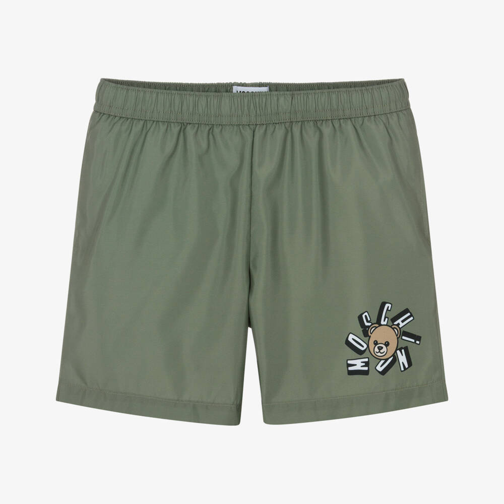 Moschino-Boys Moss Green Swim Shorts with Teddy Bear Logo | Childrensalon