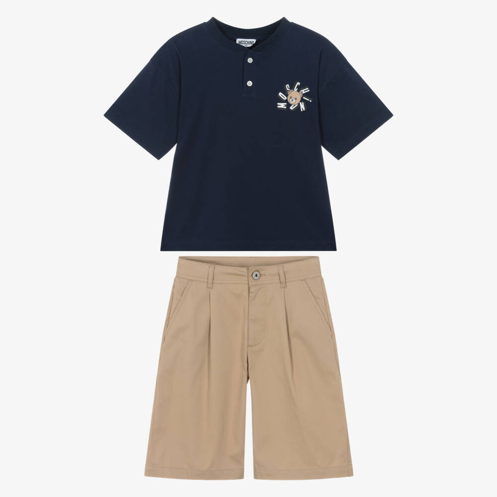 Moschino-Boys Navy Blue & Beige Cotton Shorts Set | Childrensalon