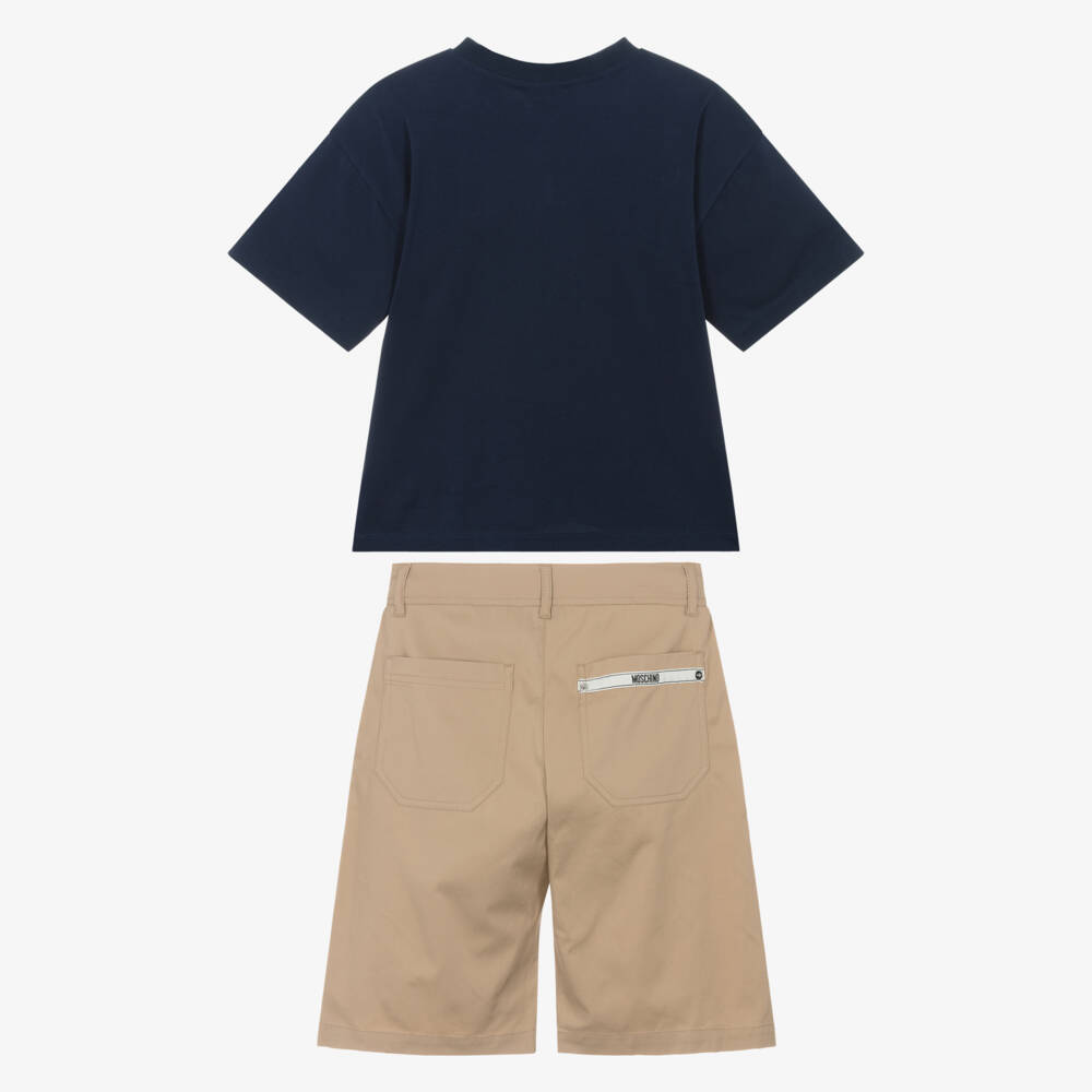 Moschino-Boys Navy Blue & Beige Cotton Shorts Set | Childrensalon