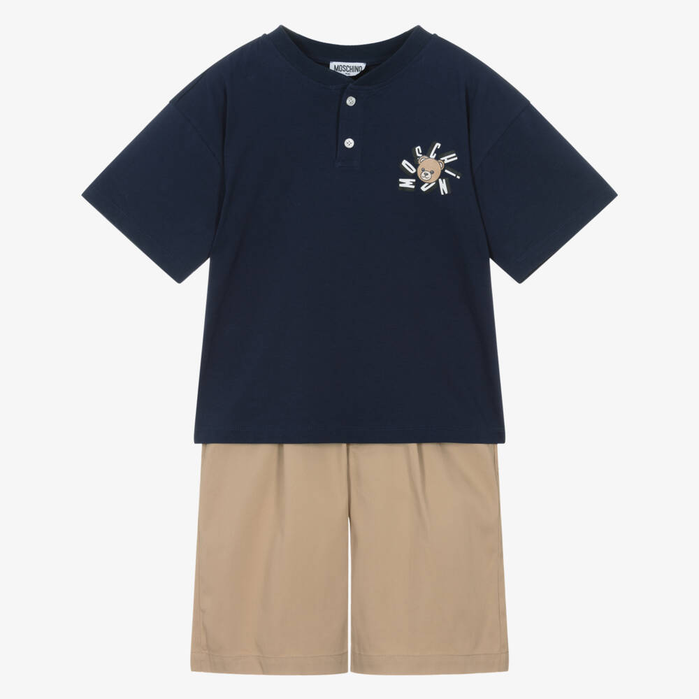 Moschino-Boys Navy Blue & Beige Cotton Twill Shorts Set | Childrensalon