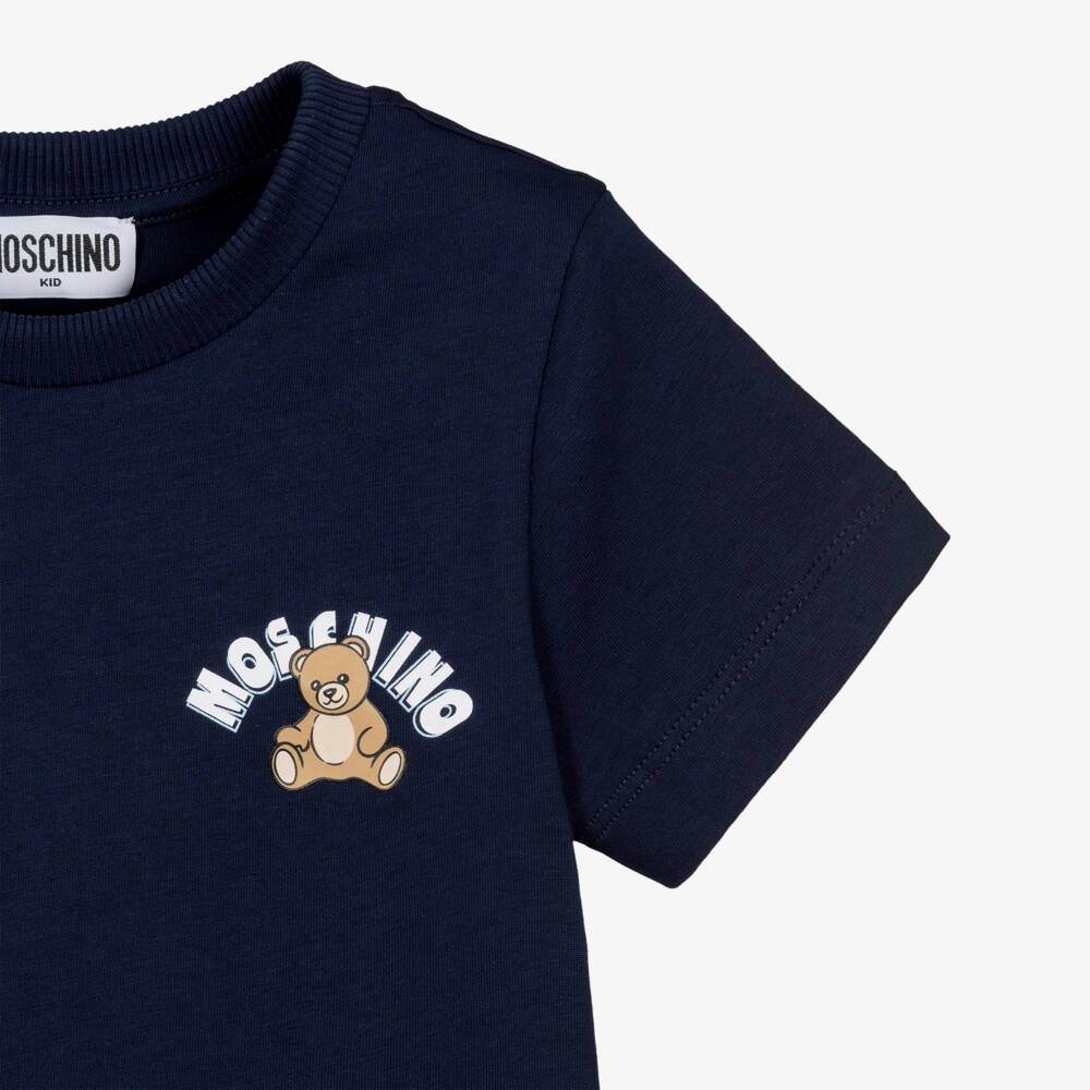 Moschino-Boys Navy Blue Crew Neck Cotton T-Shirt | Childrensalon