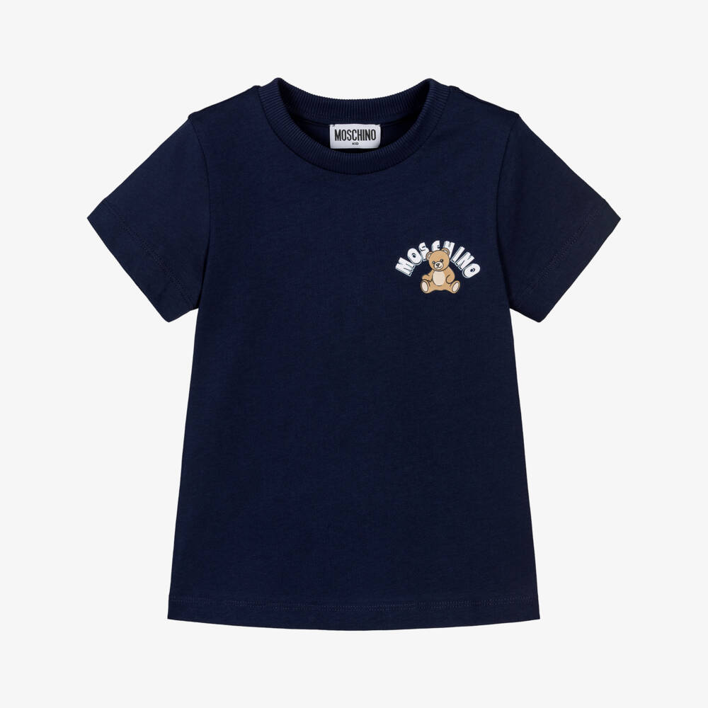 Moschino-Boys Navy Blue Crew Neck Cotton T-Shirt | Childrensalon