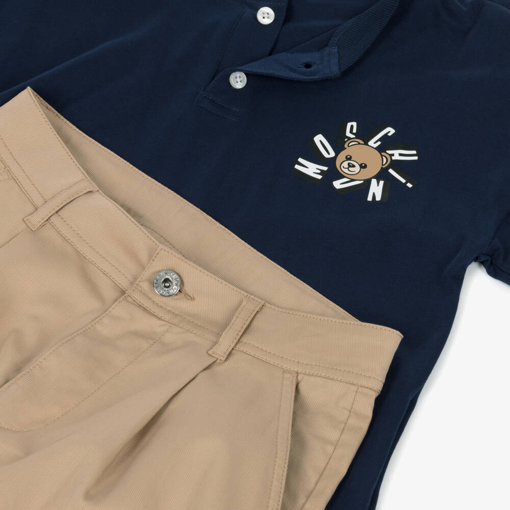 Moschino-Boys Navy Blue T-Shirt & Beige Cotton Shorts Set | Childrensalon