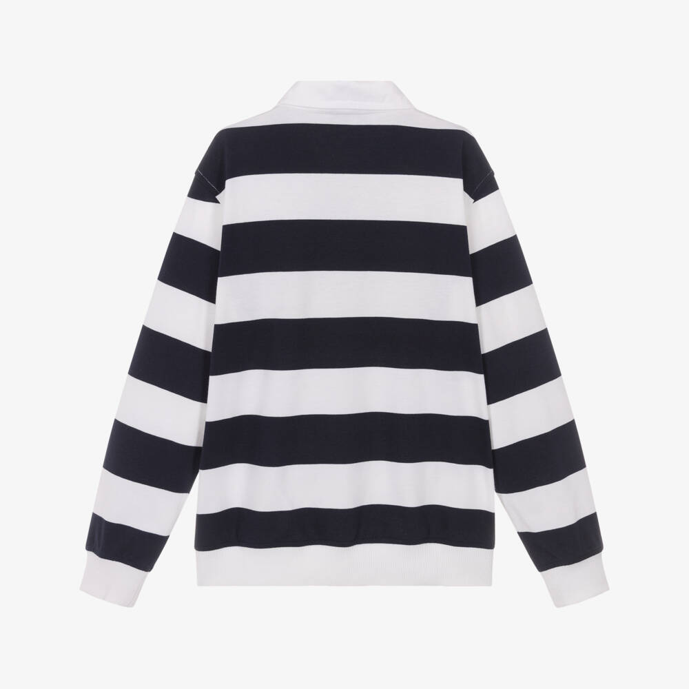 Moschino-Boys Navy Blue & White Striped Cotton Rugby Shirt | Childrensalon