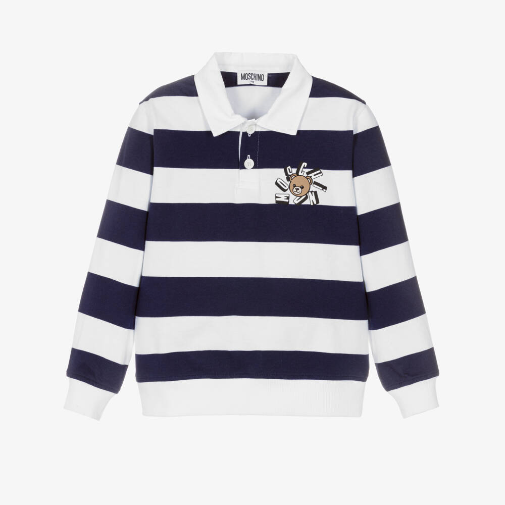 Moschino-Рубашка регби в полоску из хлопка сине-белая для мальчиков  | Childrensalon