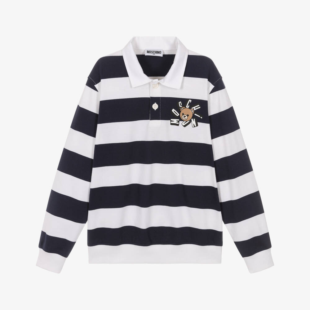 Moschino-Boys Navy Blue & White Striped Cotton Rugby Shirt | Childrensalon