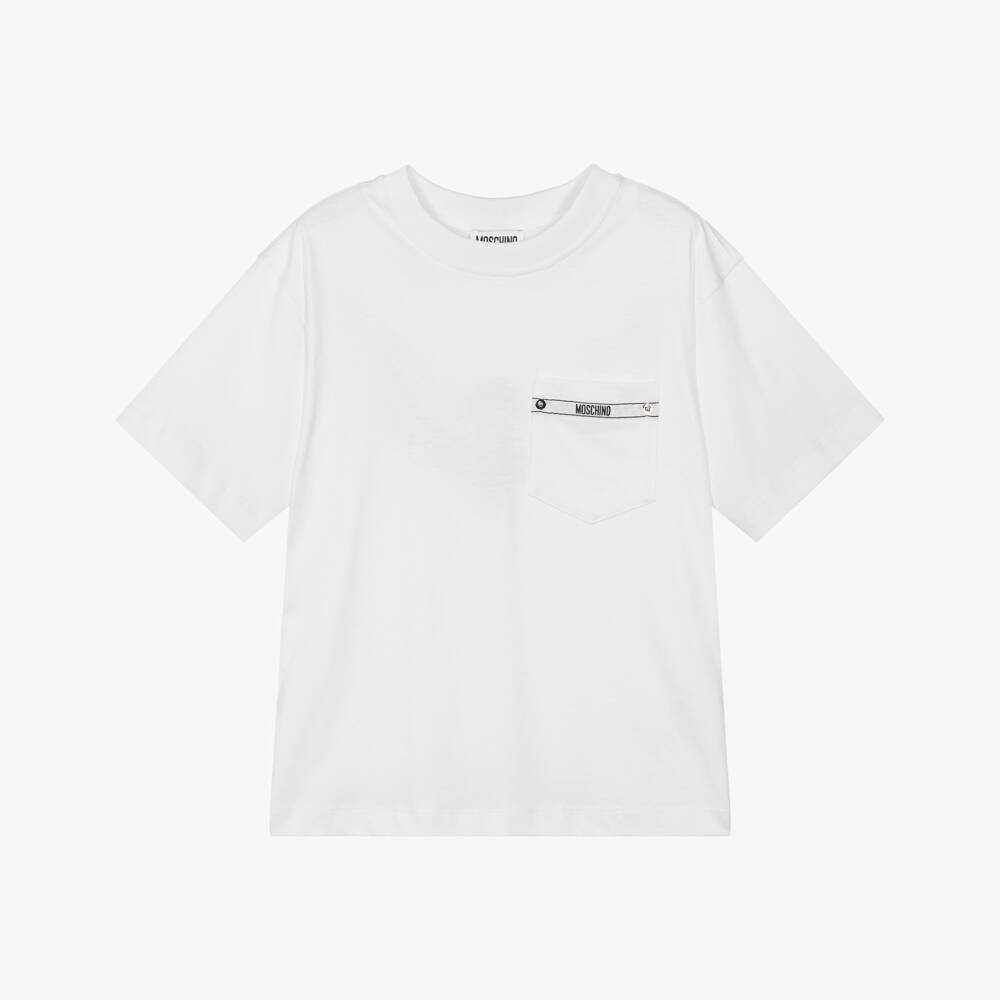 Moschino-Boys White Cotton Jersey T-Shirt with Logo Tape Pocket | Childrensalon