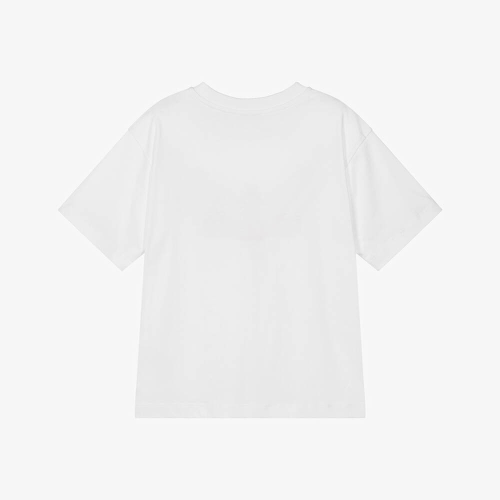 Moschino-Boys White Cotton Jersey T-Shirt with Logo Tape Pocket | Childrensalon