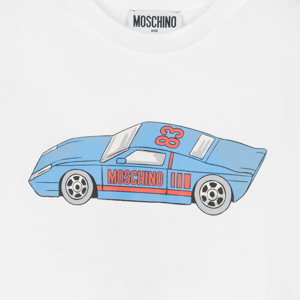 Moschino-Boys White Cotton Race Car Print T-shirt | Childrensalon