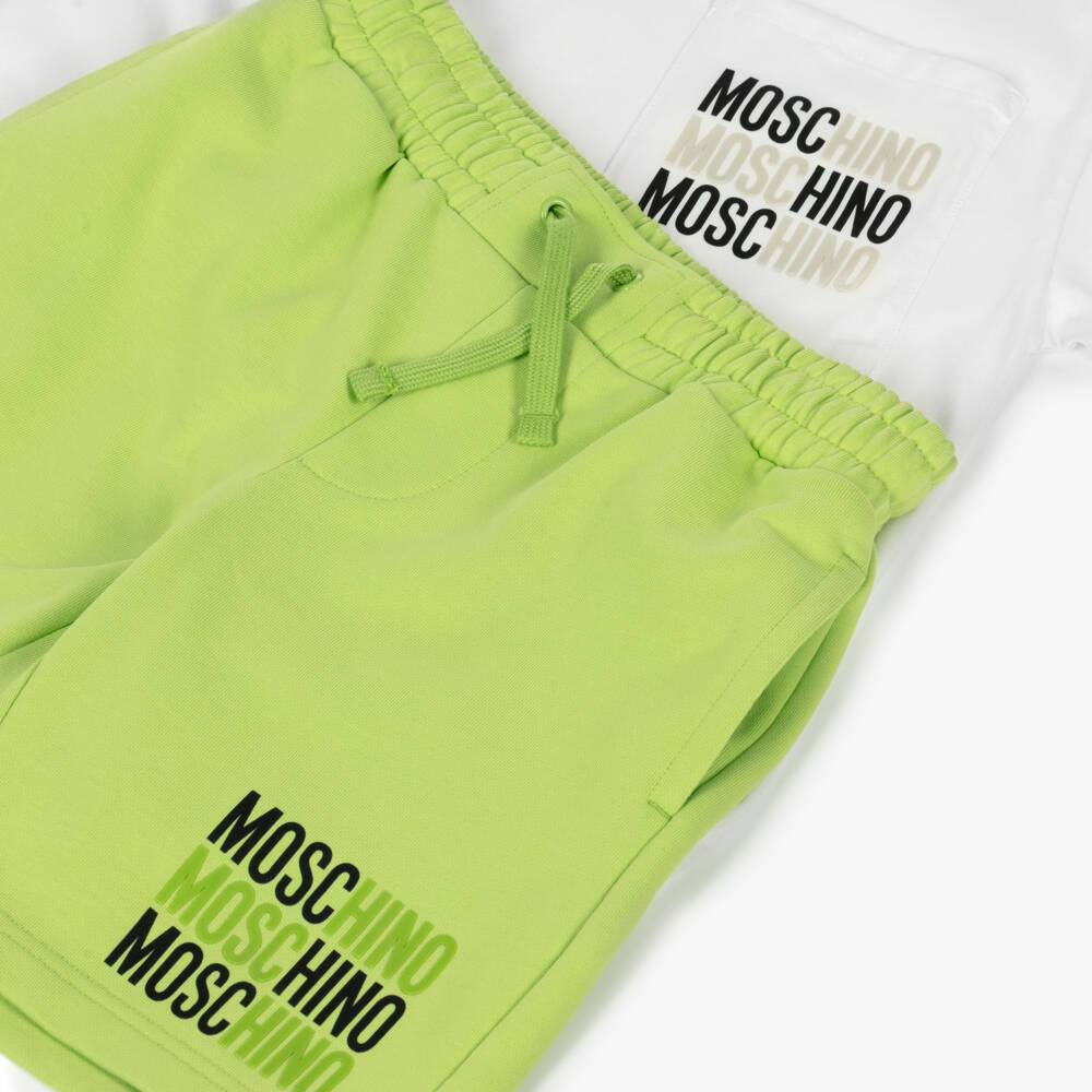 Moschino-Boys White & Lime Green Cotton Shorts Set | Childrensalon